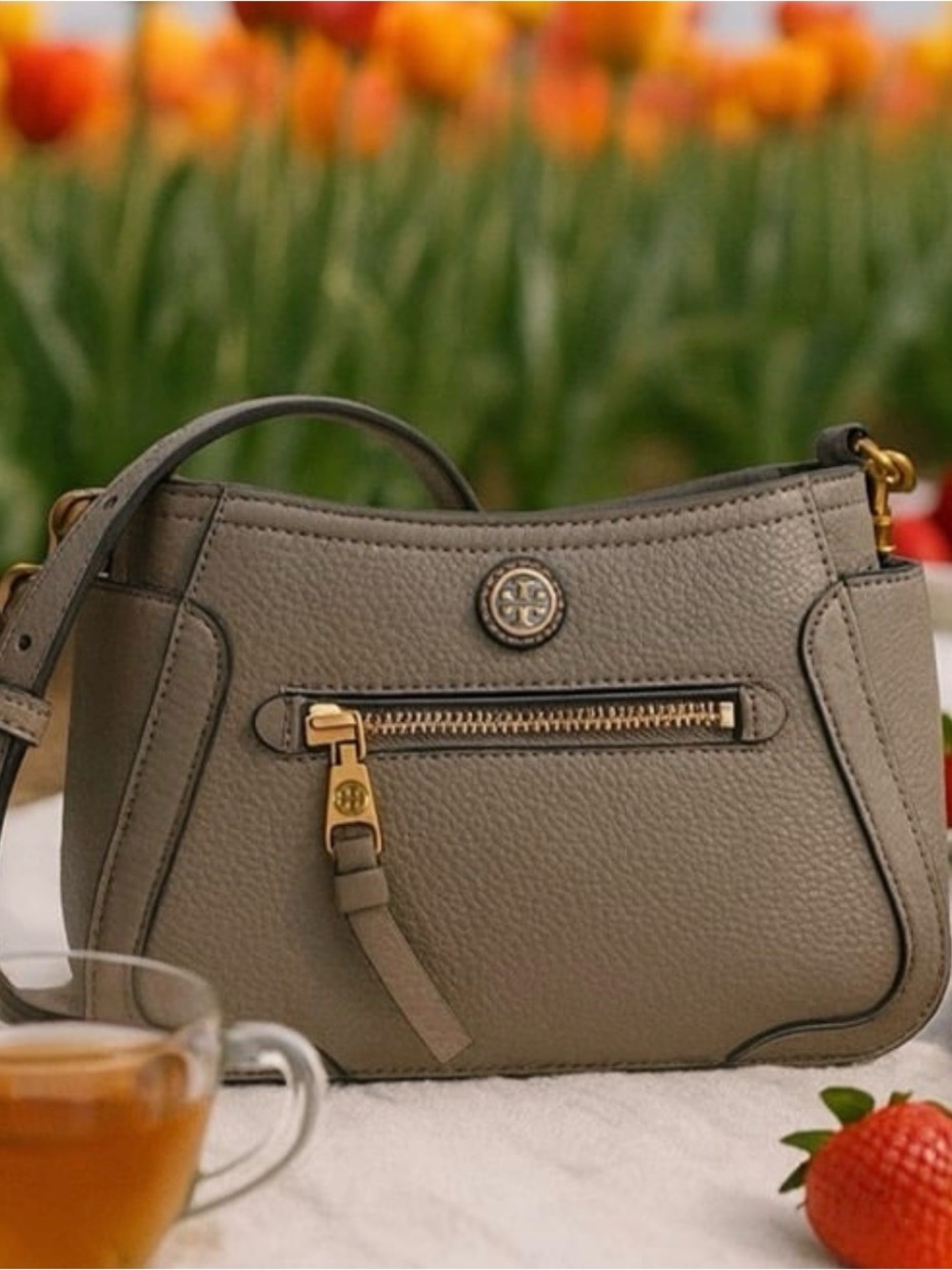 Tory Burch Frances French Gray Leather Mini Crossbody Bag